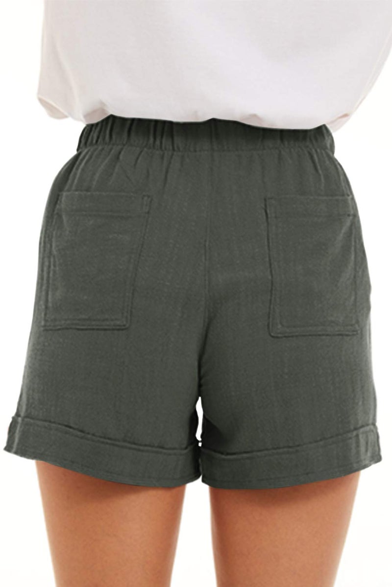 KINGFEN Shorts for Women Casual Summer Women Linen Pocketed Summer Woman Pull On Short Drawstring Elastic Waist Solid Loose Short Pants Outerwear Sage Green Small - Image 4